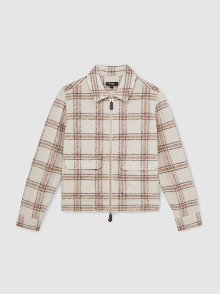 Reiss Stone Varena Zip-Through Check Overshirt with Wool - Image 2 of 7