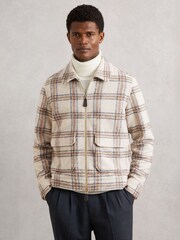 Reiss Stone Varena Zip-Through Check Overshirt with Wool - Image 4 of 7