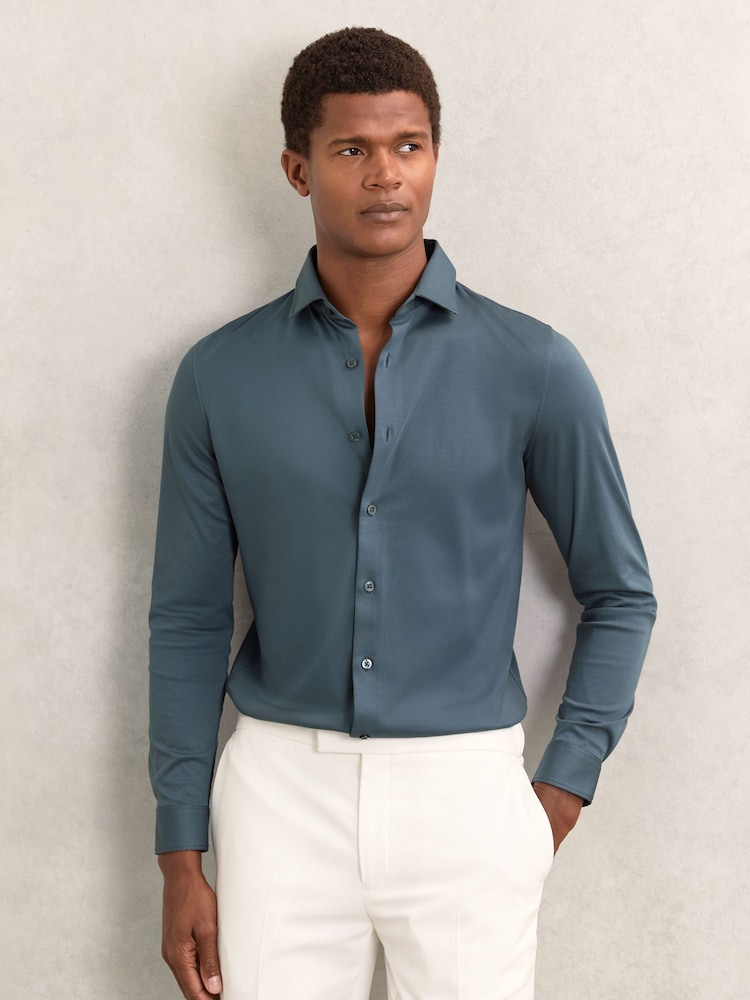 Reiss Airforce Blue Duke Cotton-Jersey Button-Through Shirt - Image 1 of 7 Reiss Airforce Blue Duke Cotton-Jersey Button-Through Shirt - Image 1 of 7