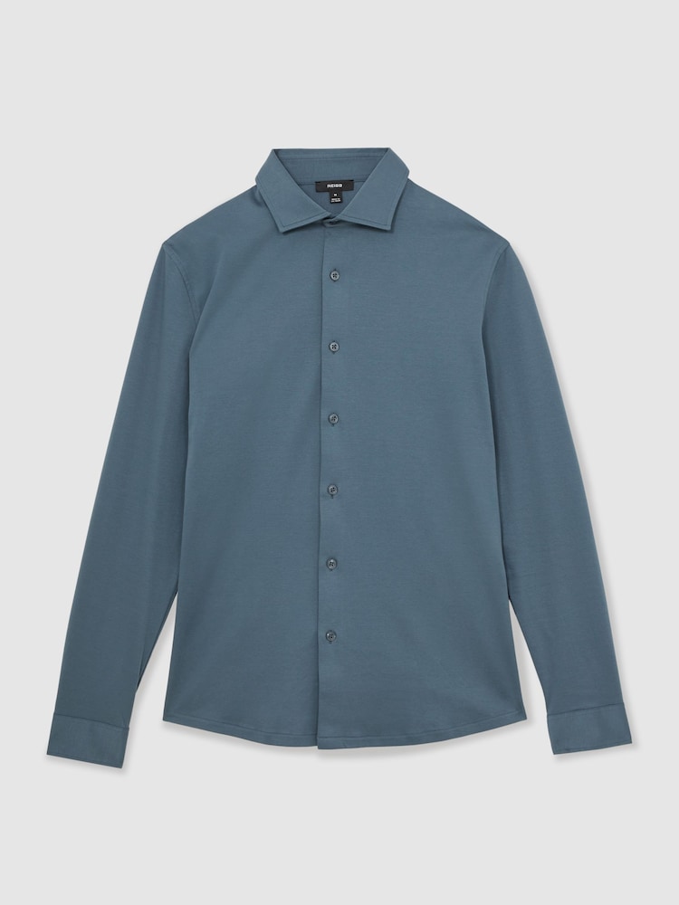 Reiss Airforce Blue Duke Cotton-Jersey Button-Through Shirt - Image 2 of 7
