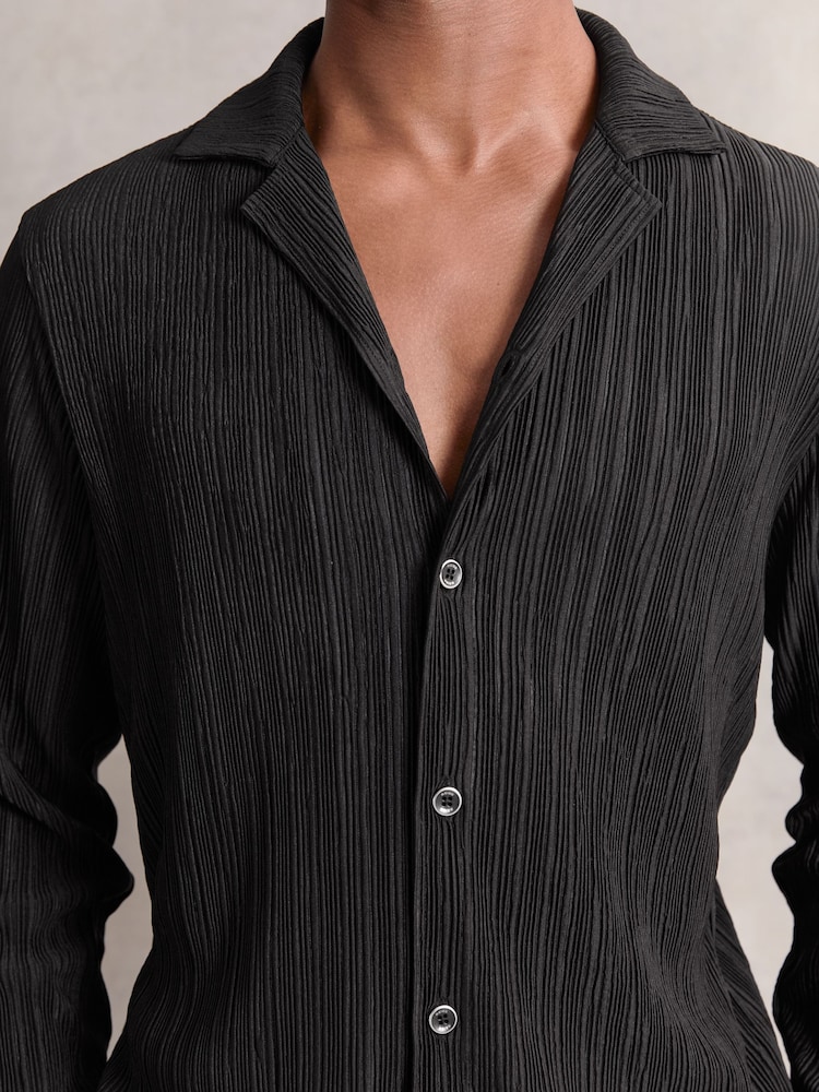 Reiss Black Aubry Plissé Cuban-Collar Long-Sleeve Shirt - Image 1 of 6