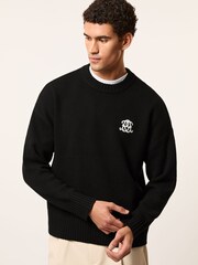 Reiss Black Archibald Monogram Embroidered Wool Jumper - Image 1 of 7