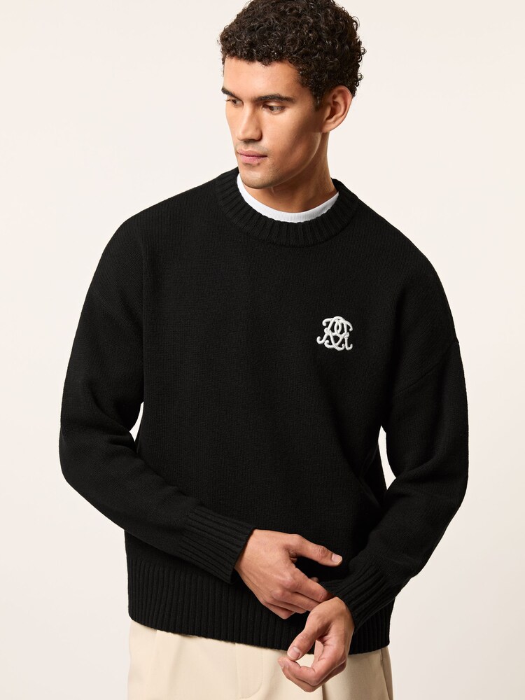Reiss Black Archibald Monogram Embroidered Wool Jumper - Image 1 of 7