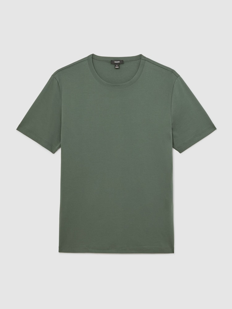 Reiss Kale Green Count Airwater-Cotton Crew-Neck T-Shirt - Image 2 of 6 Reiss Kale Green Count Airwater-Cotton Crew-Neck T-Shirt - Image 2 of 6