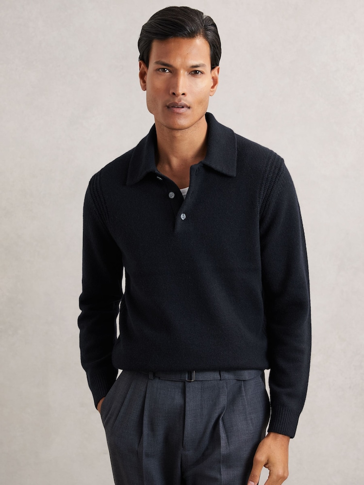 Marinha - Reiss Deansgate Wool-Blend Polo Jumper with Cashmere - Imagem 1 de 6