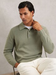 Reiss Sage Green Deansgate Wool-Blend Polo Jumper with Cashmere - Image 1 of 6