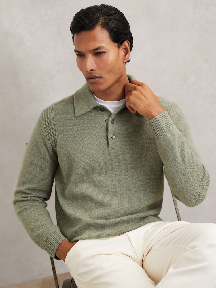 Reiss Sage Green Deansgate Wool-Blend Polo Jumper with Cashmere - Image 1 of 6