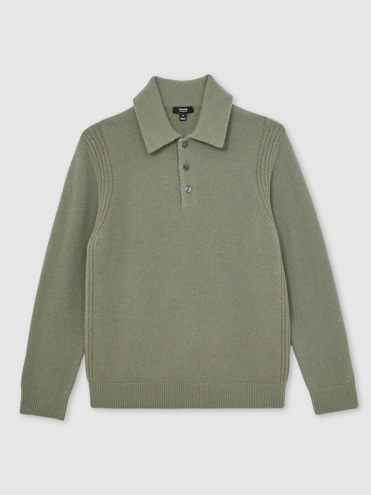Reiss Sage Green Deansgate Wool-Blend Polo Jumper with Cashmere - Image 2 of 6
