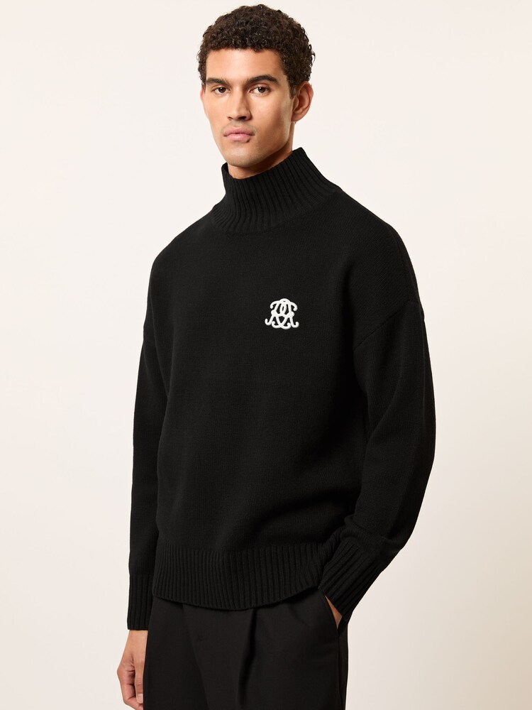 Reiss Black Curtis Monogram Wool Funnel-Neck Jumper - Image 1 of 6