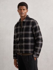 Reiss Navy Varena Zip-Through Check Overshirt with Wool - Image 1 of 6