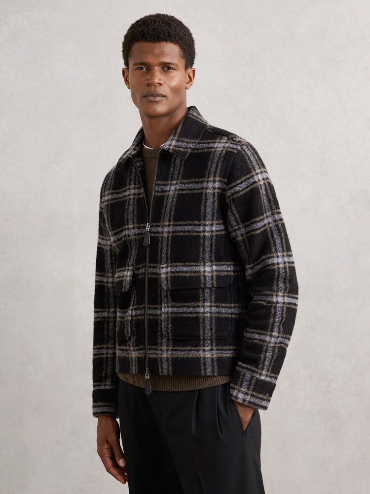 Reiss Navy Varena Zip-Through Check Overshirt with Wool - Image 1 of 6