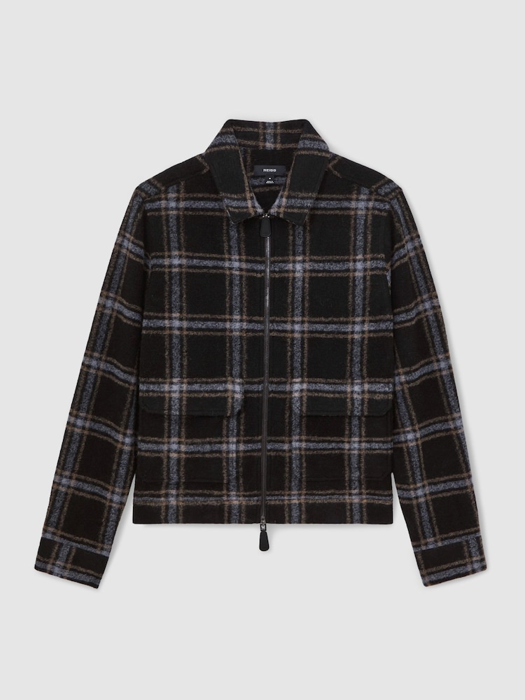 Reiss Navy Varena Zip-Through Check Overshirt with Wool - Image 2 of 6 Reiss Navy Varena Zip-Through Check Overshirt with Wool - Image 2 of 6
