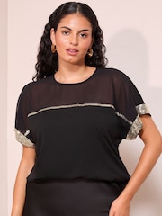 Lipsy Black Mesh Gold Sequin Curve Crew Neck T-Shirt - Image 1 of 4