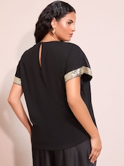 Lipsy Black Mesh Gold Sequin Curve Crew Neck T-Shirt - Image 4 of 4