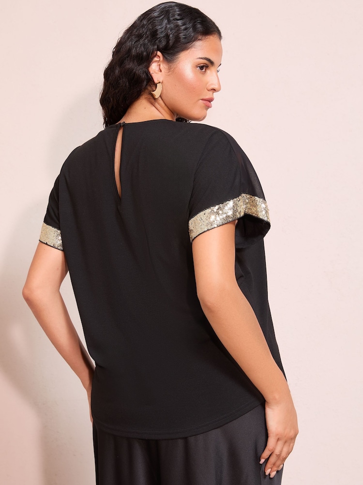 Lipsy Black Mesh Gold Sequin Curve Crew Neck T-Shirt - Image 4 of 4 Lipsy Black Mesh Gold Sequin Curve Crew Neck T-Shirt - Image 4 of 4