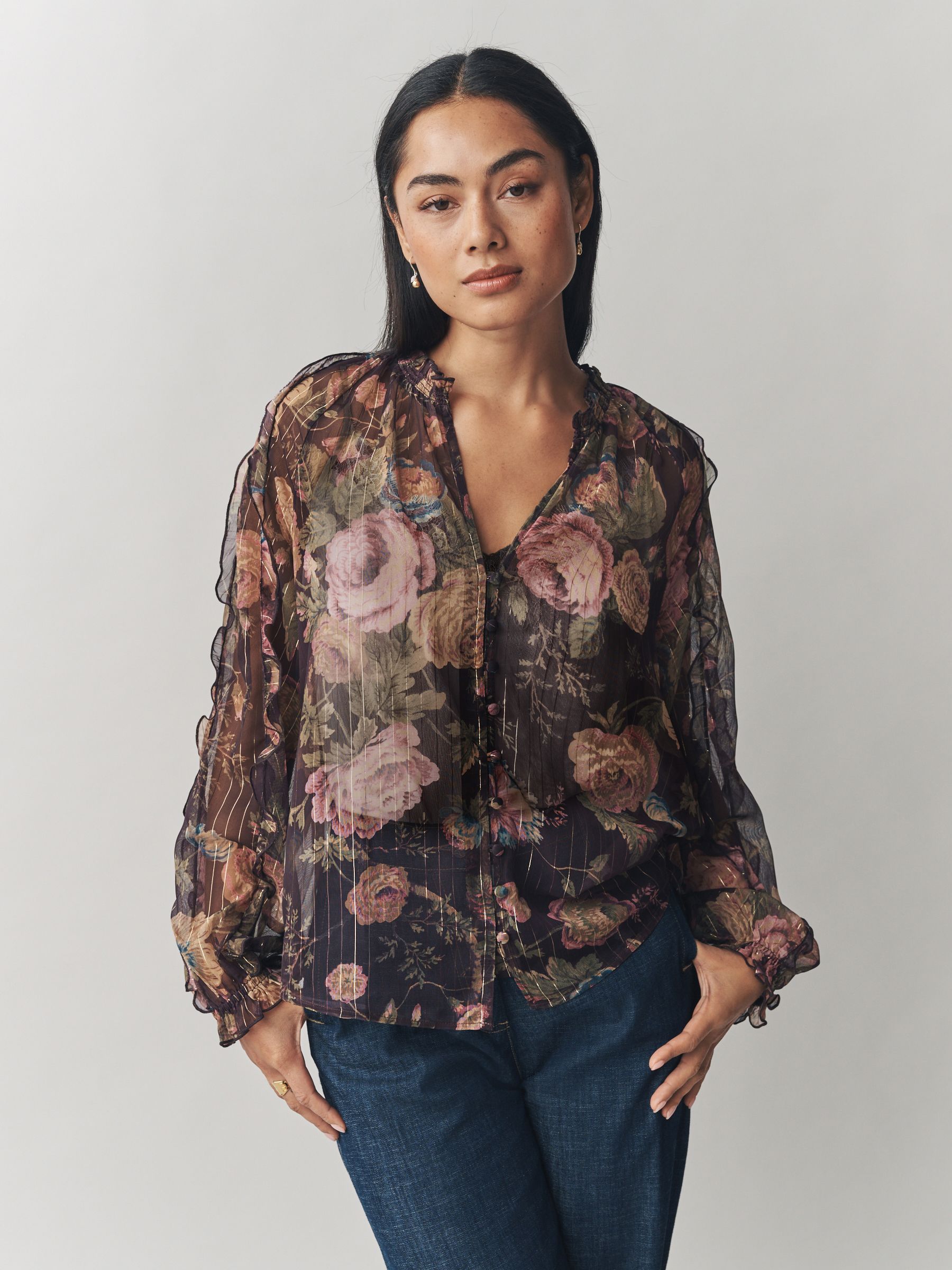 Buy Laura Ashley Black Uffington Print Chiffon Ruffle Blouse with