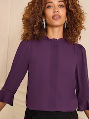 Love & Roses Dark Purple 3/4 Flute Sleeve Blouse - Image 2 of 4