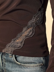 Chocolate Brown Lace Detail Long Sleeve Top - Image 5 of 8