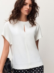 Ecru Short Sleeve Keyhole Crew Neck Top - Image 1 of 7