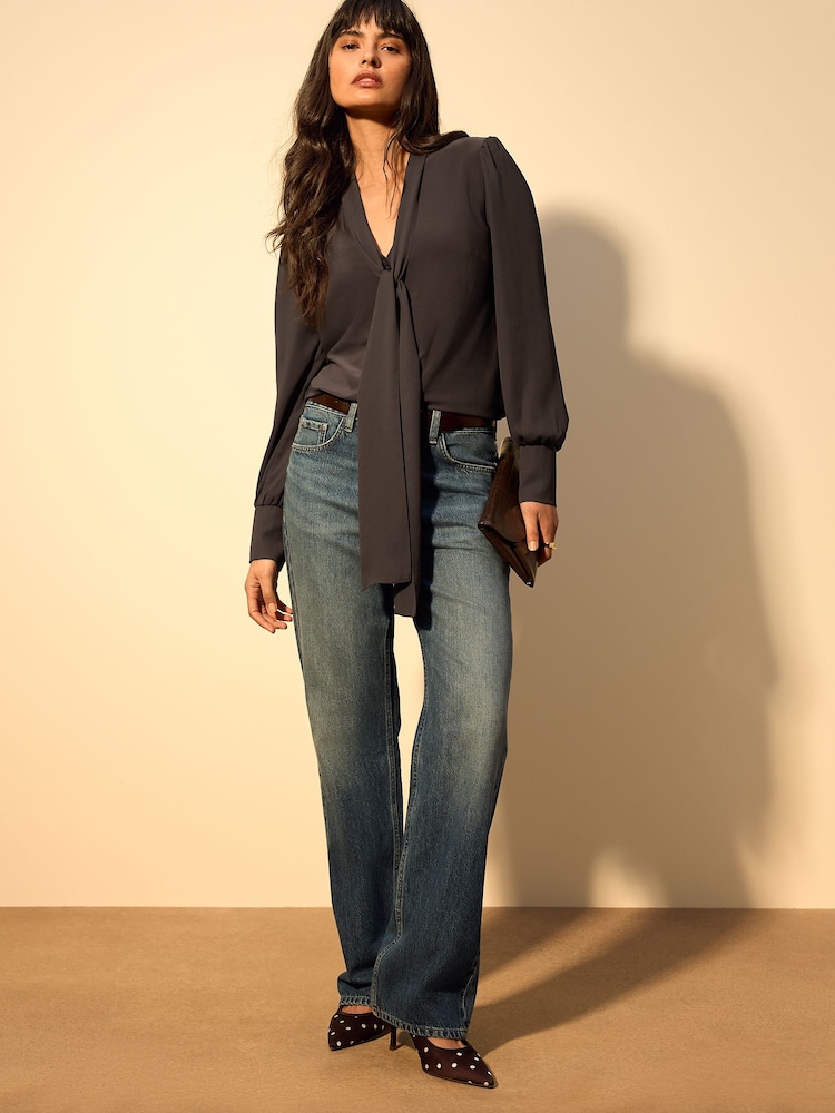 Chocolate Brown Scarf Neck Long Sleeve Blouse - Image 2 of 7 Chocolate Brown Scarf Neck Long Sleeve Blouse - Image 2 of 7