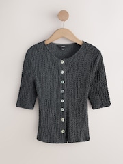 Grey Textured Button Through Half Sleeve Top - Image 1 of 3