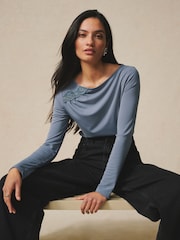 Niebieski - Lace Detail Long Sleeve Top - Obraz 1 z 5