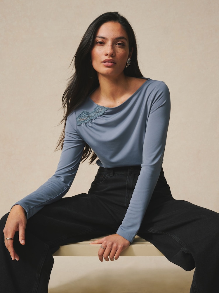 Niebieski - Lace Detail Long Sleeve Top - Obraz 1 z 5