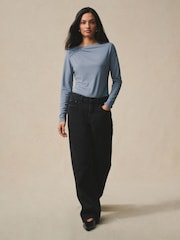 Niebieski - Lace Detail Long Sleeve Top - Obraz 2 z 5