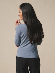 Niebieski - Lace Detail Long Sleeve Top - Obraz 3 z 5