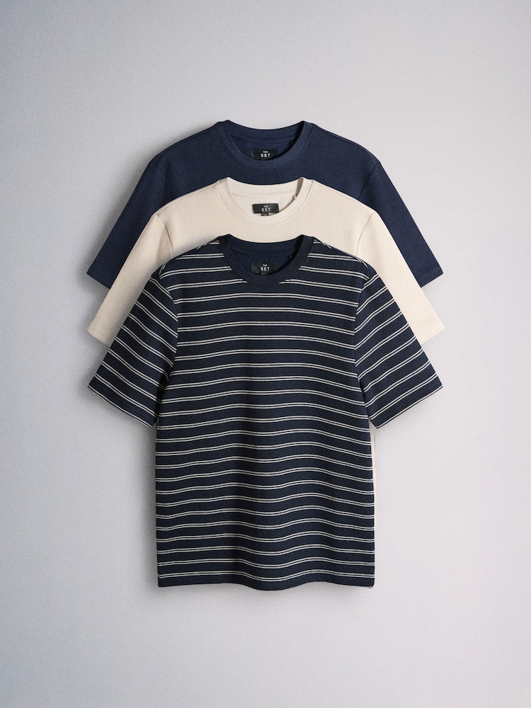 The Set 3 er-Pack Navyblau/Hellbraune Baumwoll-T-Shirts mit Struktur und Rundhals - Bild 2 von 6 The Set 3 er-Pack Navyblau/Hellbraune Baumwoll-T-Shirts mit Struktur und Rundhals - Bild 2 von 6