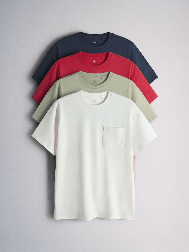 Rot/Marineblau/Weiß - The Set 4 Pack Relaxed Fit Heavyweight Cotton Pocket T-Shirt - Bild 1 von 7
