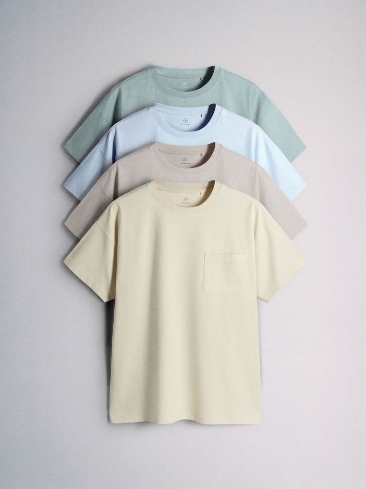 The Set 4 Pack Relaxed Fit Heavyweight Cotton Pocket TShirt Aqua/Yellow - Image 2 of 6
