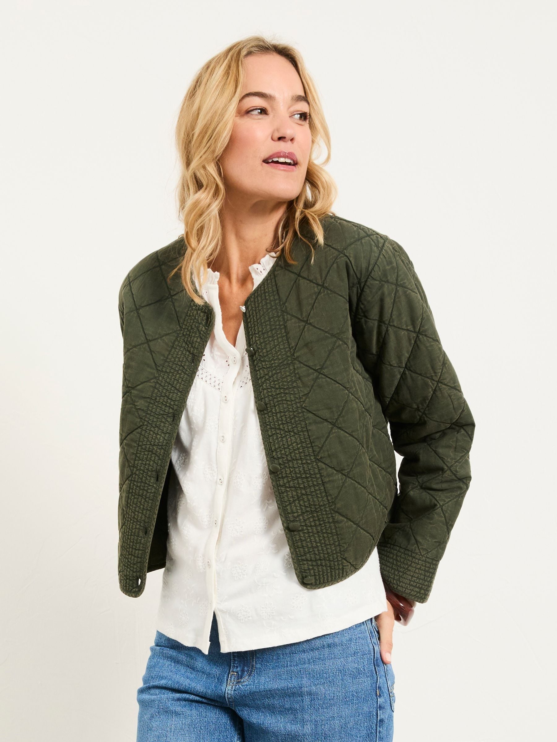 Fat Face Women's Khaki Green Fleur Embroidered Quilted Jacket