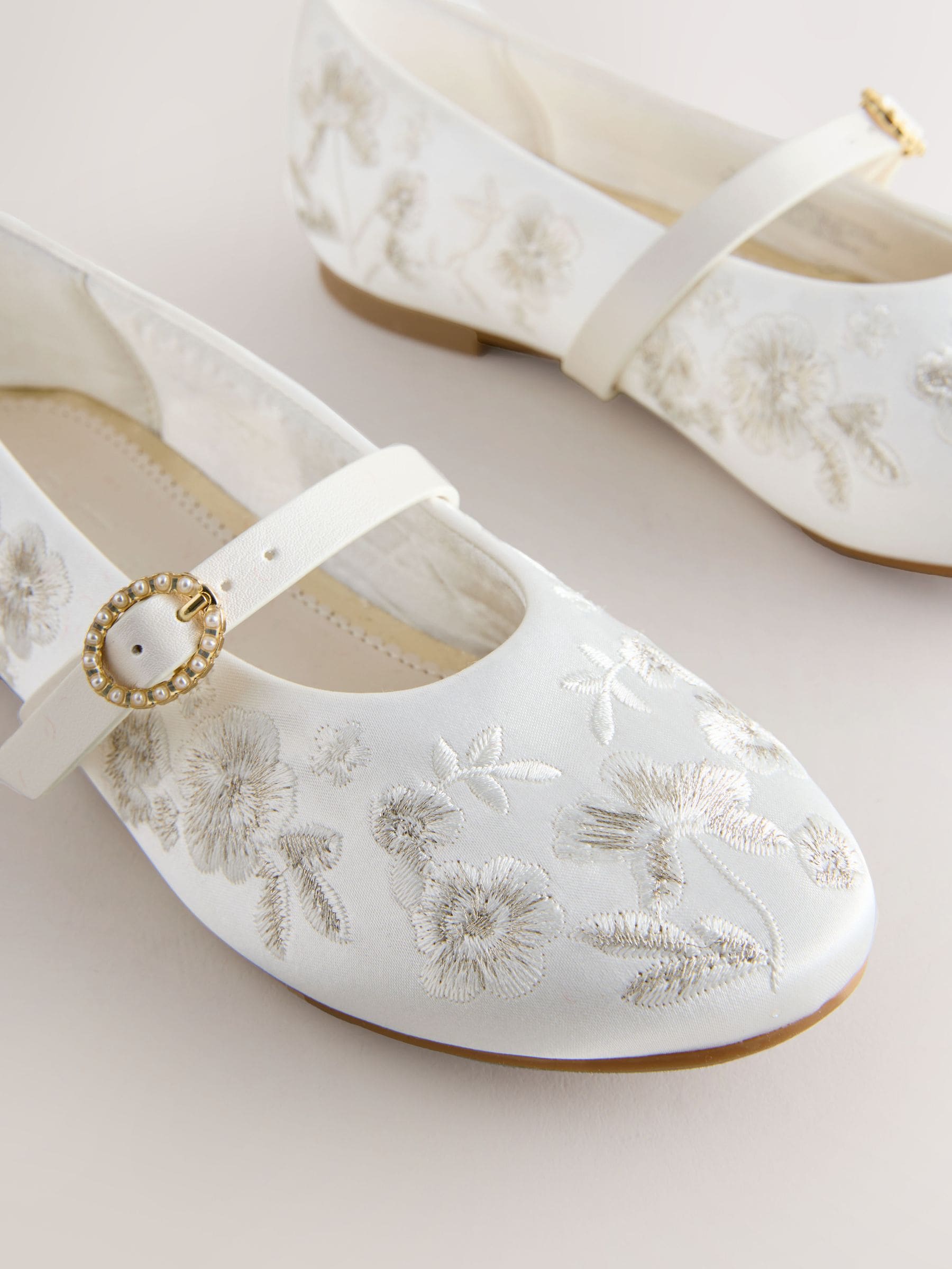 Buy White Embroidered Stain Resistant Satin Mary Jane Occasion