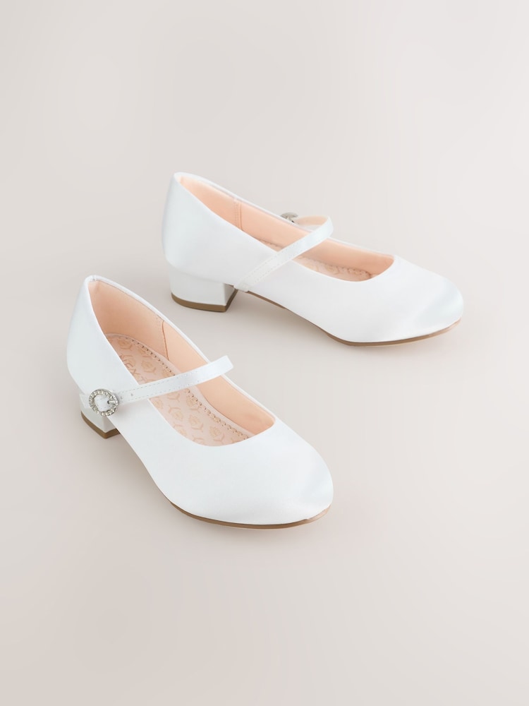 White Standard Fit (F) Stain Resistant Satin Mary Jane Flower Girl Heeled Shoes - Image 1 of 5 White Standard Fit (F) Stain Resistant Satin Mary Jane Flower Girl Heeled Shoes - Image 1 of 5