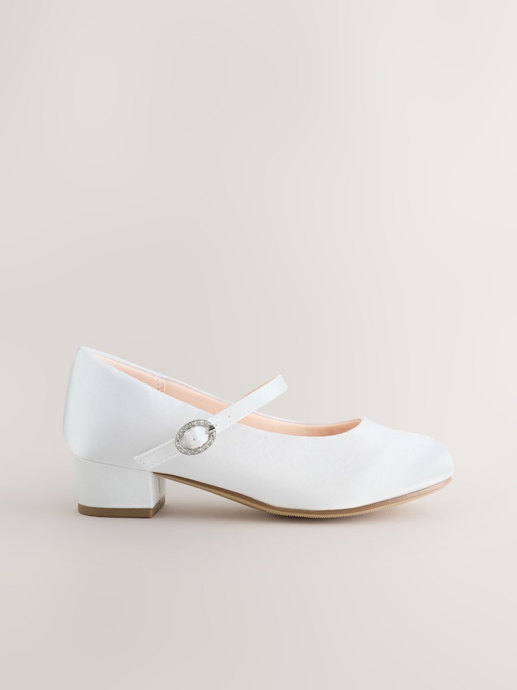 White Standard Fit (F) Stain Resistant Satin Mary Jane Flower Girl Heeled Shoes - Image 2 of 5 White Standard Fit (F) Stain Resistant Satin Mary Jane Flower Girl Heeled Shoes - Image 2 of 5
