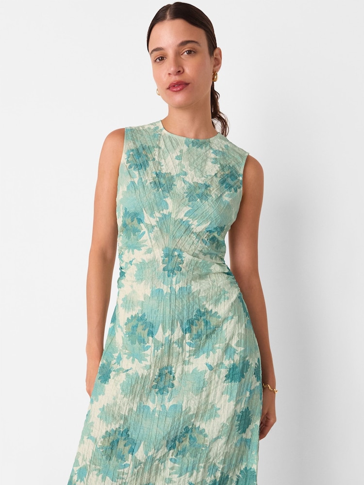 Whistles Light Green Petite Floral Print Textured Midi Dress - Image 2 of 5