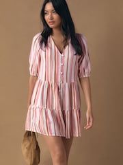 Pink/Orange Washed Stripe Short Sleeve Button Through Tiered Mini Dress with Linen - Image 1 of 7