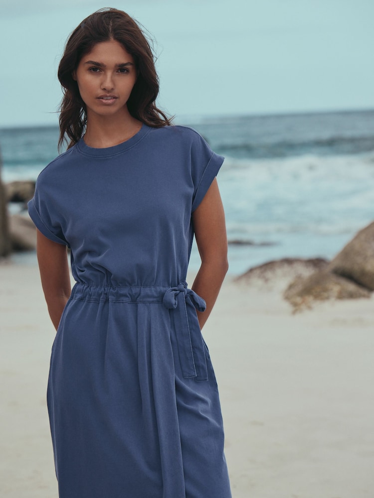 Washed Blue Jersey Sarong Tie T-Shirt Dress - Image 1 of 7