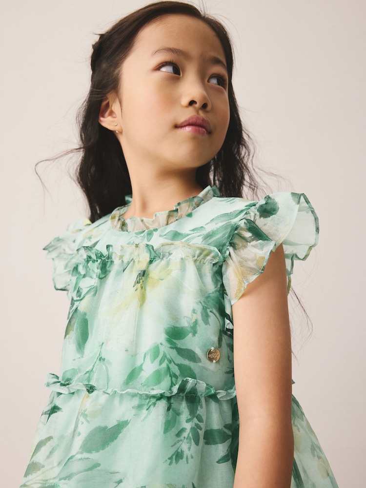 strapless open back dress Floral Organza Long Sleeve Wedding Dress with Green Print main image 0
