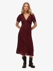 Superdry Red Printed Button Up Short Sleeve Midi Tea Dress - Image 1 of 7