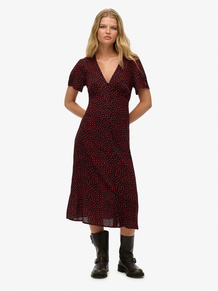 Superdry Red Printed Button Up Short Sleeve Midi Tea Dress - Image 1 of 7