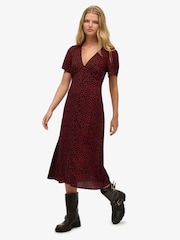 Superdry Red Printed Button Up Short Sleeve Midi Tea Dress - Image 2 of 7
