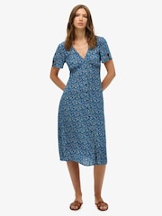 Superdry Blue Printed Button Up Short Sleeve Midi Tea Dress - Image 1 of 7