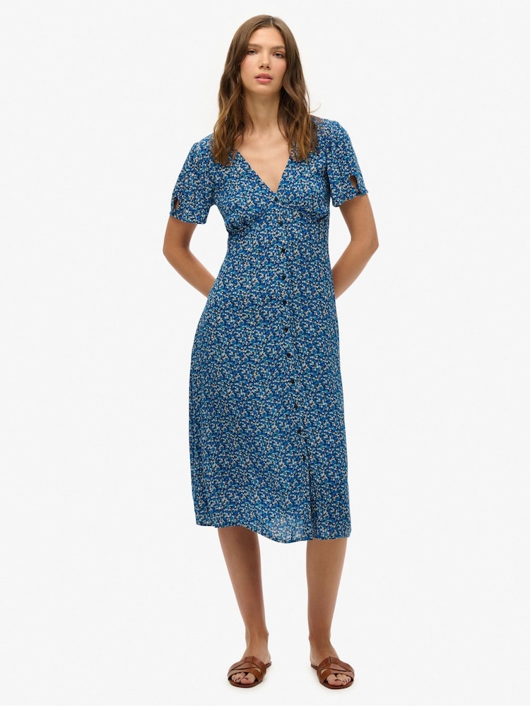 Superdry Blue Printed Button Up Short Sleeve Midi Tea Dress - Image 1 of 7