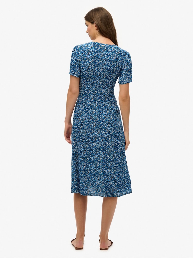 Superdry Blue Printed Button Up Short Sleeve Midi Tea Dress - Image 2 of 7