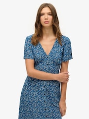 Superdry Blue Printed Button Up Short Sleeve Midi Tea Dress - Image 4 of 7