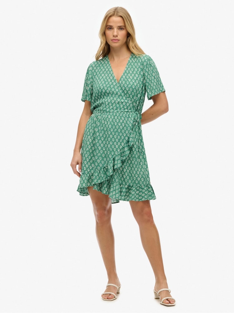 Superdry Green Short Sleeve Printed Mini Wrap Dress - Image 1 of 7