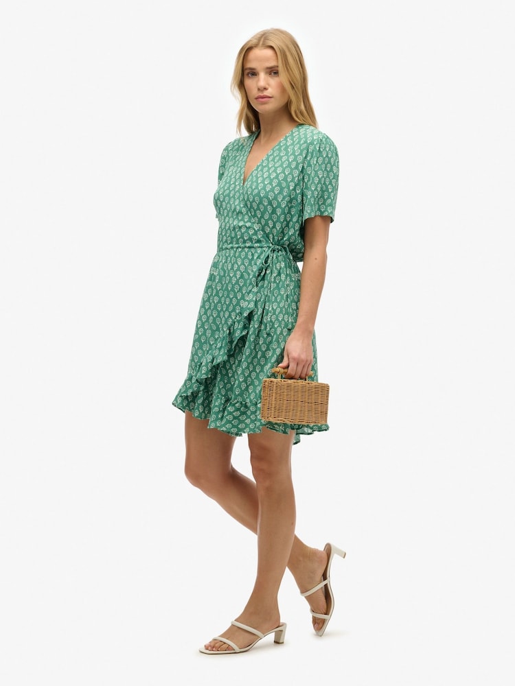 Superdry Green Short Sleeve Printed Mini Wrap Dress - Image 2 of 7