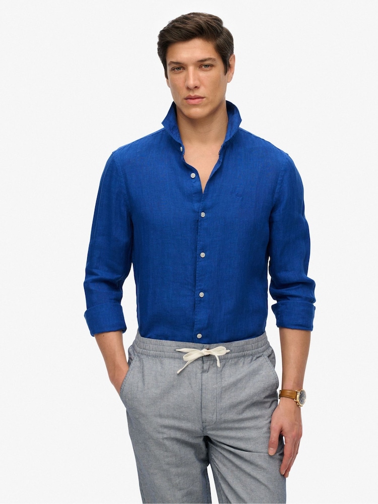 Superdry Blue Embroidered Vacation Linen Shirt - Image 1 of 6